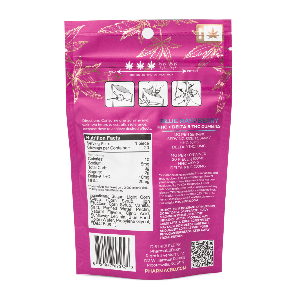 PharmaTHC HHC / Delta 9 THC Gummies – Blue Raspberry (400 mg Total HHC + 200 mg Total Delta 9 THC) - Image 2