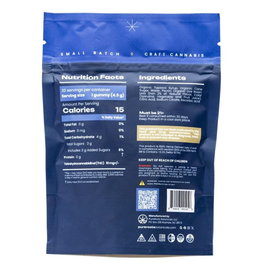 Pure Roots Botanicals THC Live Rosin Gummies – Blueberry Blast (200 mg Total Delta 9 THC) - Image 3
